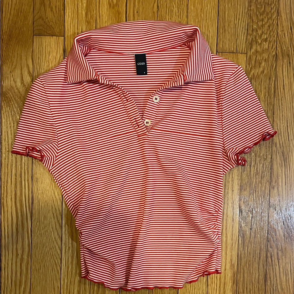 Red and White Striped Collared Top